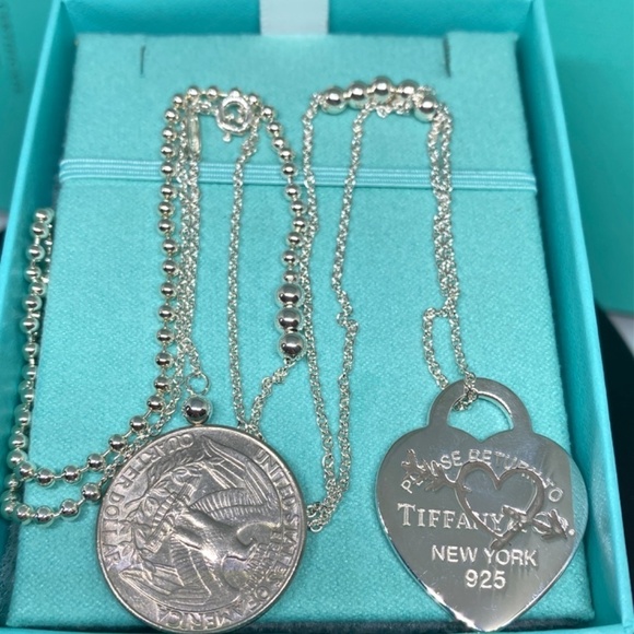 NEW Tiffany & Co. Etched RTT Heart Pendant Necklace 28-30” mixed chain 925 - Picture 3 of 10